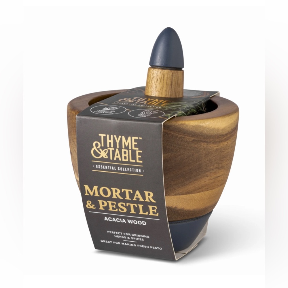 Thyme & Table Acacia Wood Mortar & Pestle - Natural Wood with Navy Accent